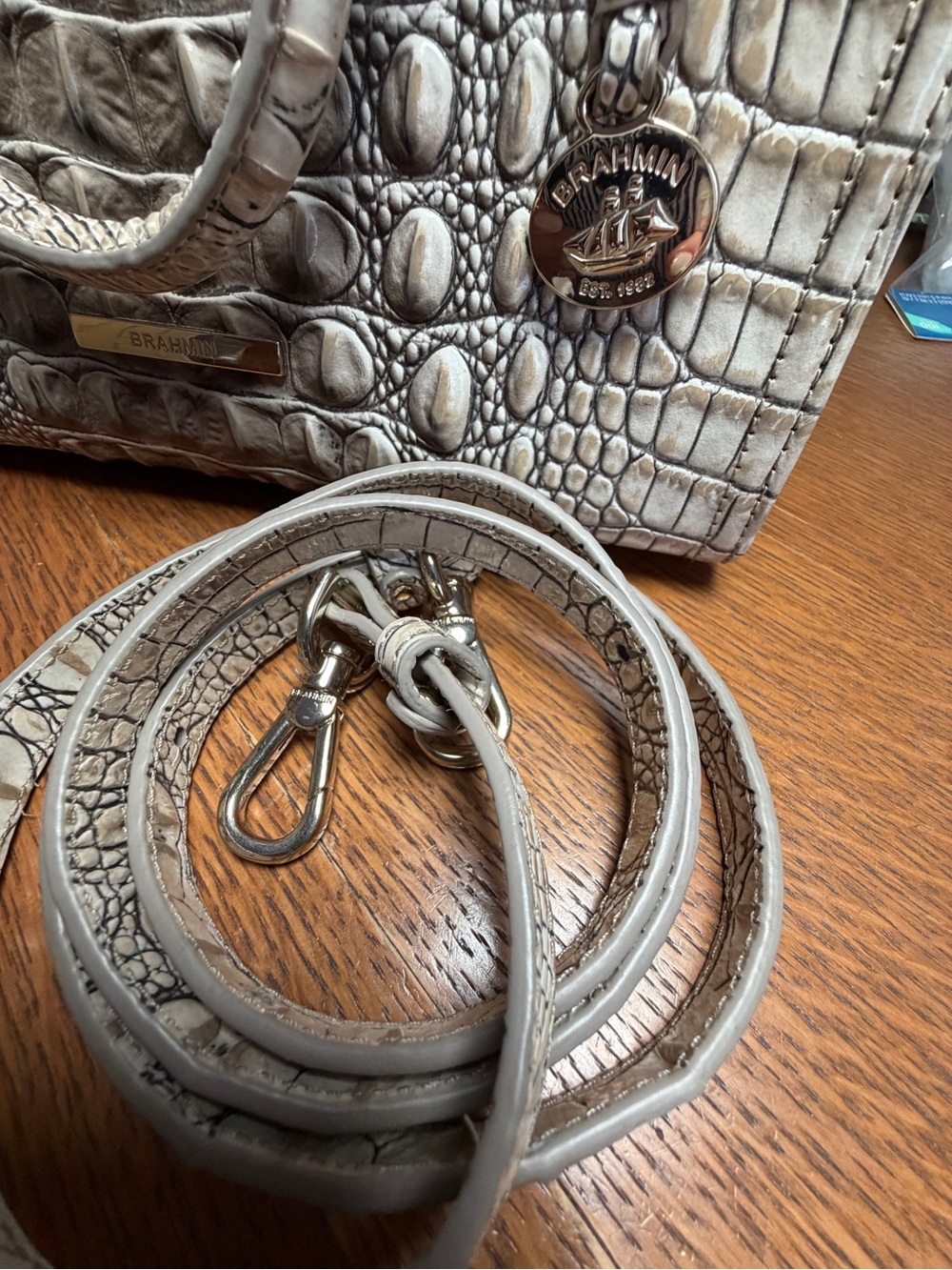 Brahmin Taupe Croc-Embossed Leather Satchel with Gold Hardware - Picture 3 of 3